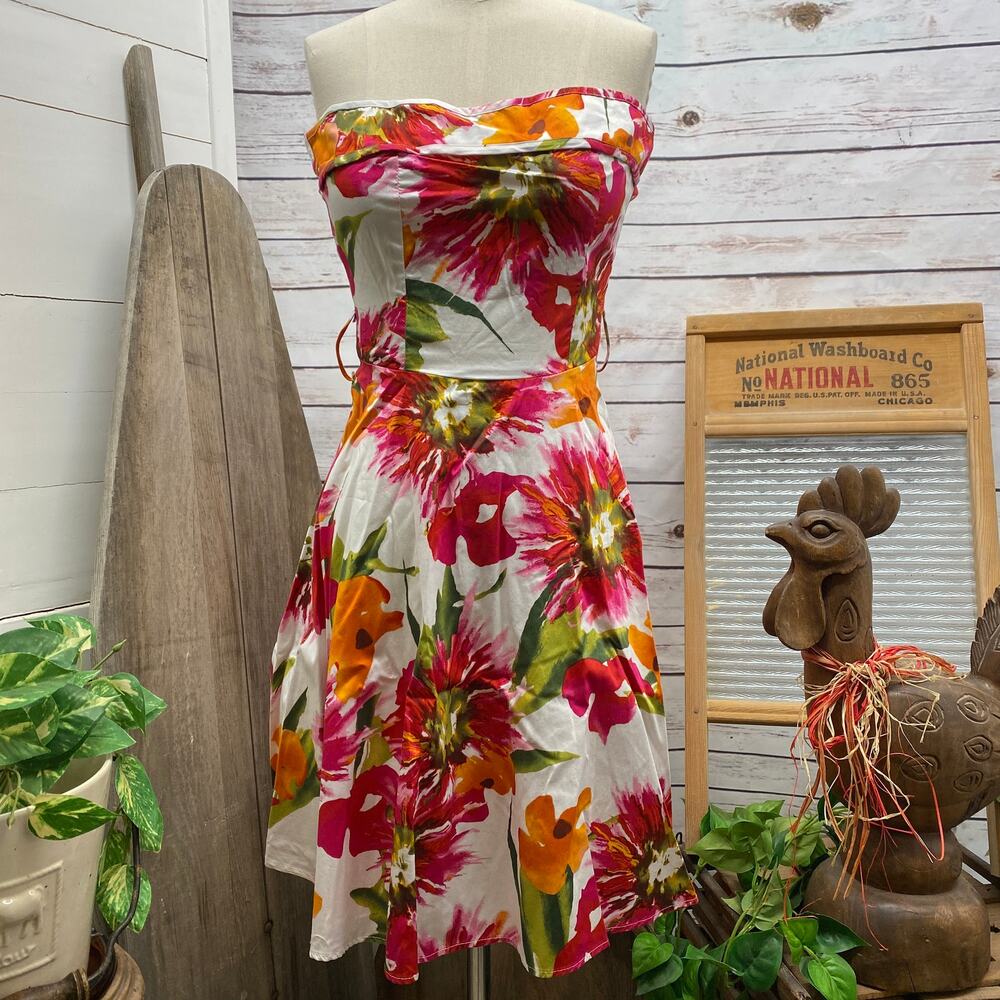 Floral Strapless Rockabilly Pin Up Dress Cotton Zipper Zip Up Back Small No Belt